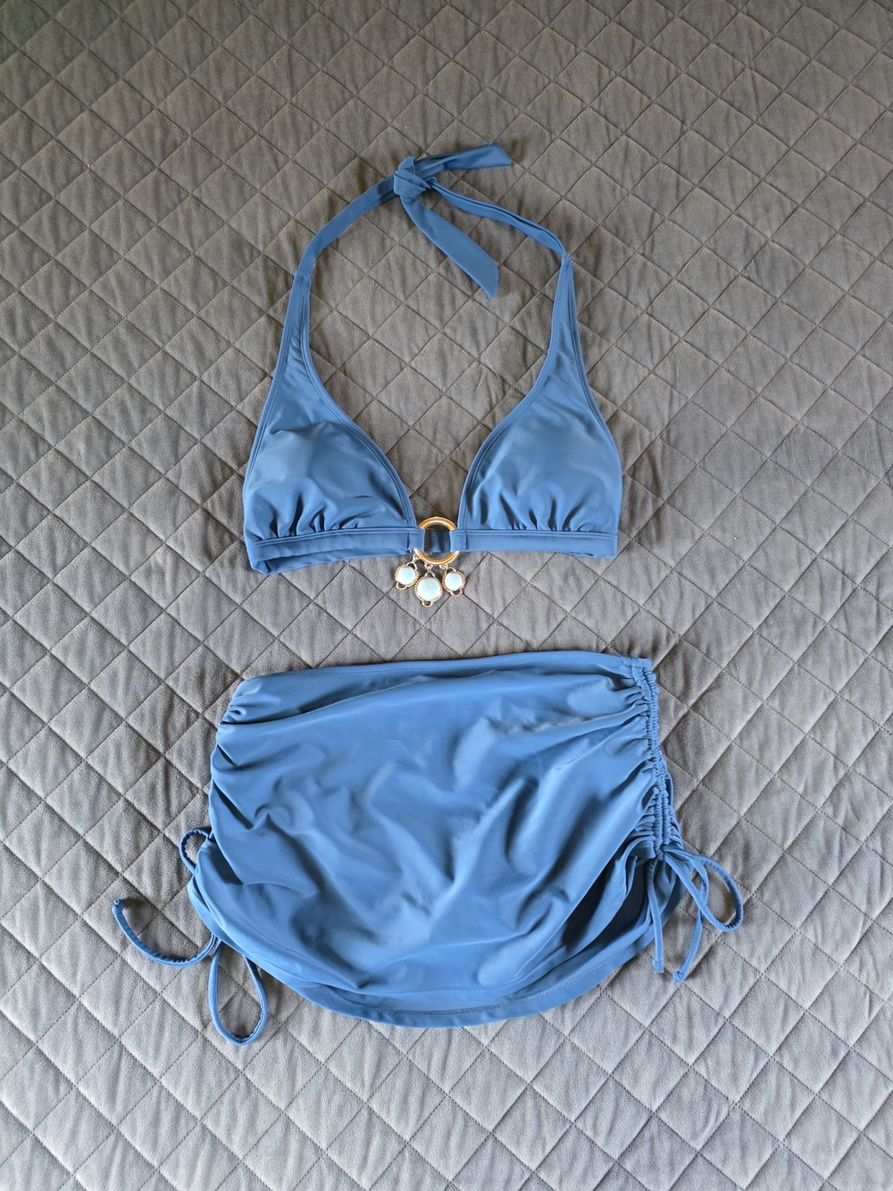 Halter Bandeau Bikini Top with Ruched Swim Skirt in Light Blue